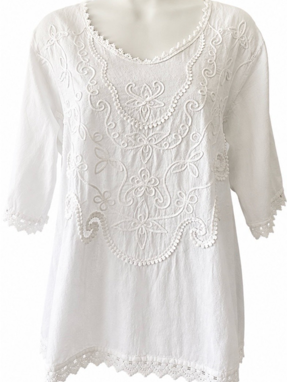 Inca Cottons White Embroidered Cotton Boho Blouse Top Women’s M Peru EUC